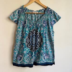 Crofts & Barrow 100% Cotton Boho Cap Sleeve Blue Paisley Blouse Top Size L